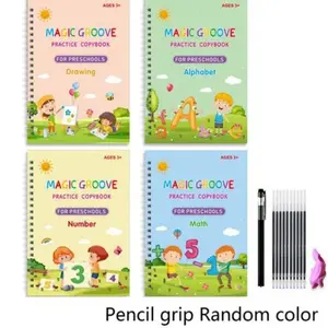 Magic Groove Handwriting Practice Books Set of 4, Reusable Preschool Learning Sheets for Kids Ages 3-6, Includes Letters Numbers Coloring Math Skills