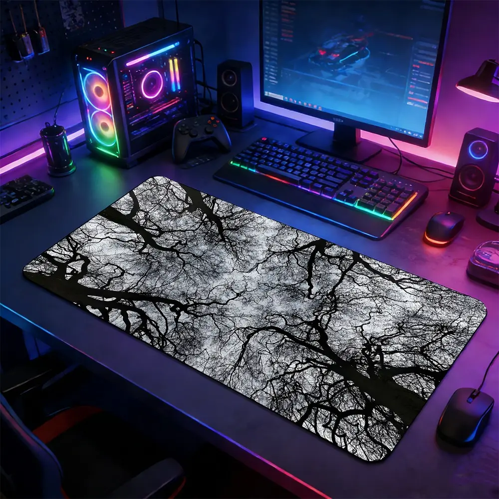 Monochrome Bare Tree Branch Large Extended Gaming Mouse Pad, Non-Slip Rubber Base Stitched Edge Desk Mat, Minimalist Dark Nature Art Design, Durable Computer Accessory for Home Office & Gaming Setup, Desk Accessories, Gift for Gamers & Aesthetic Fan