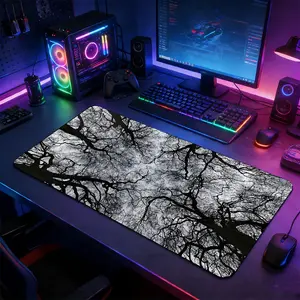 Monochrome Bare Tree Branch Large Extended Gaming Mouse Pad, Non-Slip Rubber Base Stitched Edge Desk Mat, Minimalist Dark Nature Art Design, Durable Computer Accessory for Home Office & Gaming Setup, Desk Accessories, Gift for Gamers & Aesthetic Fan