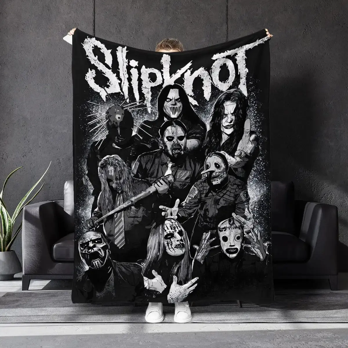 Slipknot Themed Printed Flannel Throw Blanket - Comfortable, Soft, Lightweight Throwblanket for Home, Camping Use with Punk, Retro Horror, Rockstar Style Decorative Graphics