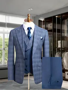 Wedding Men's Suit Plaid 3pcs Set Jacket + Vest + Pants, Long Sleeves, business, Casual, Formal Wear Suits