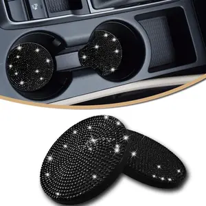 2 Pack Bling  Cup Holder Coaster,Anti-Slip Shockproof,Universal 2.75 Inch Fashion Automotive Cup Mat,Universal  Interior Accessories for Women (Black)