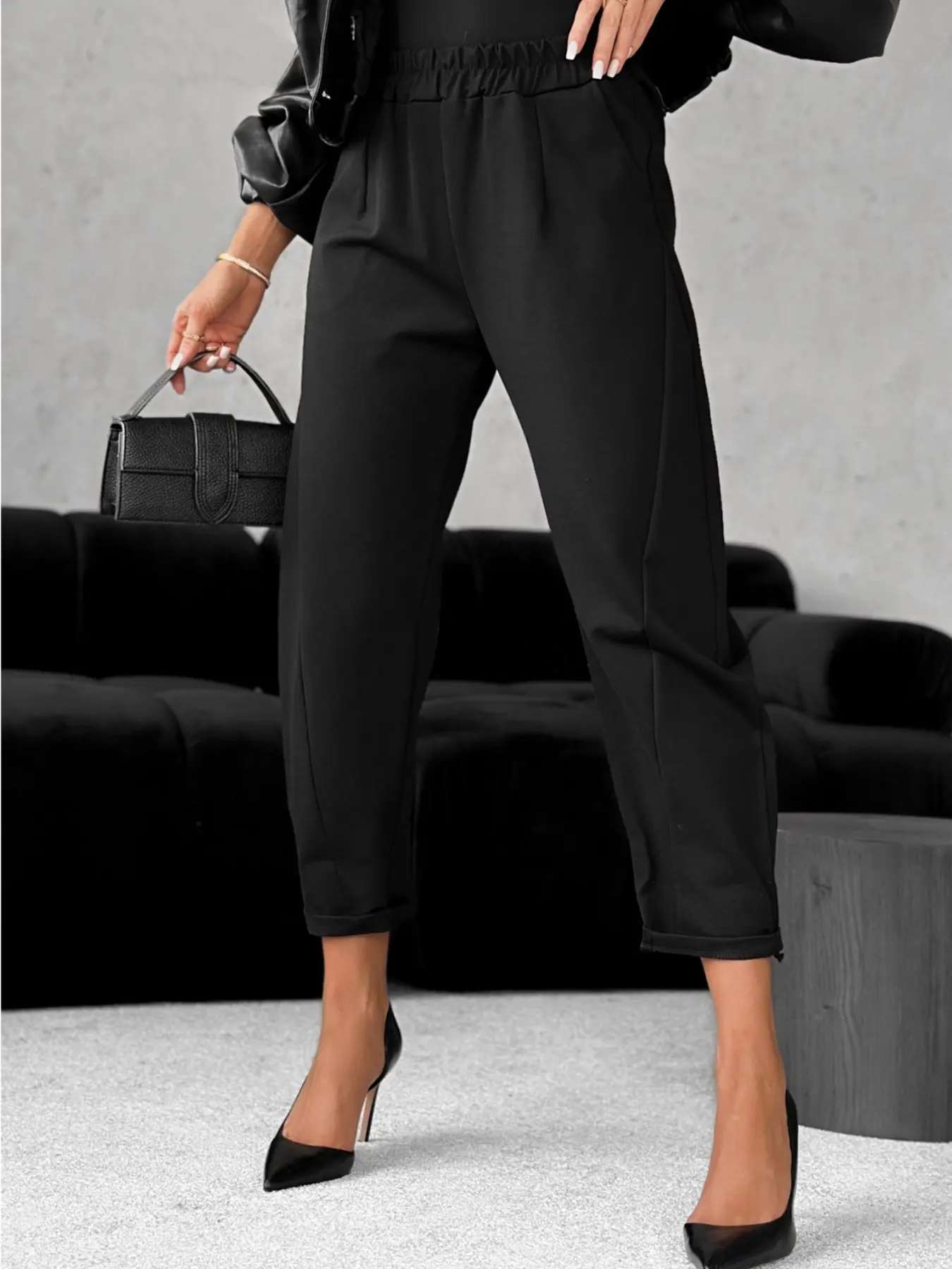 Women's Spring Summer Solid Color Basic Fashion Commuter Capri Pants, Bottom, Pocket Design, Casual Stretch Waist Long Pants, Ideal for Work and Daily Wear