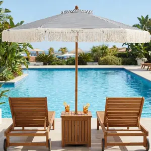 7FT Patio Beach Umbrella with Fringe, featured with premium polyester canopy for sun shading.Stylish blue, white and natural tone design, suitable for patio, beach and outdoor leisure scenarios.