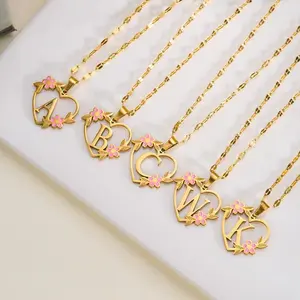 Korean Flower Stainless Steel Initial Letter Name Pendant Necklace For Women Men A-Z Letters Friendship Choker Jewelry Gifts