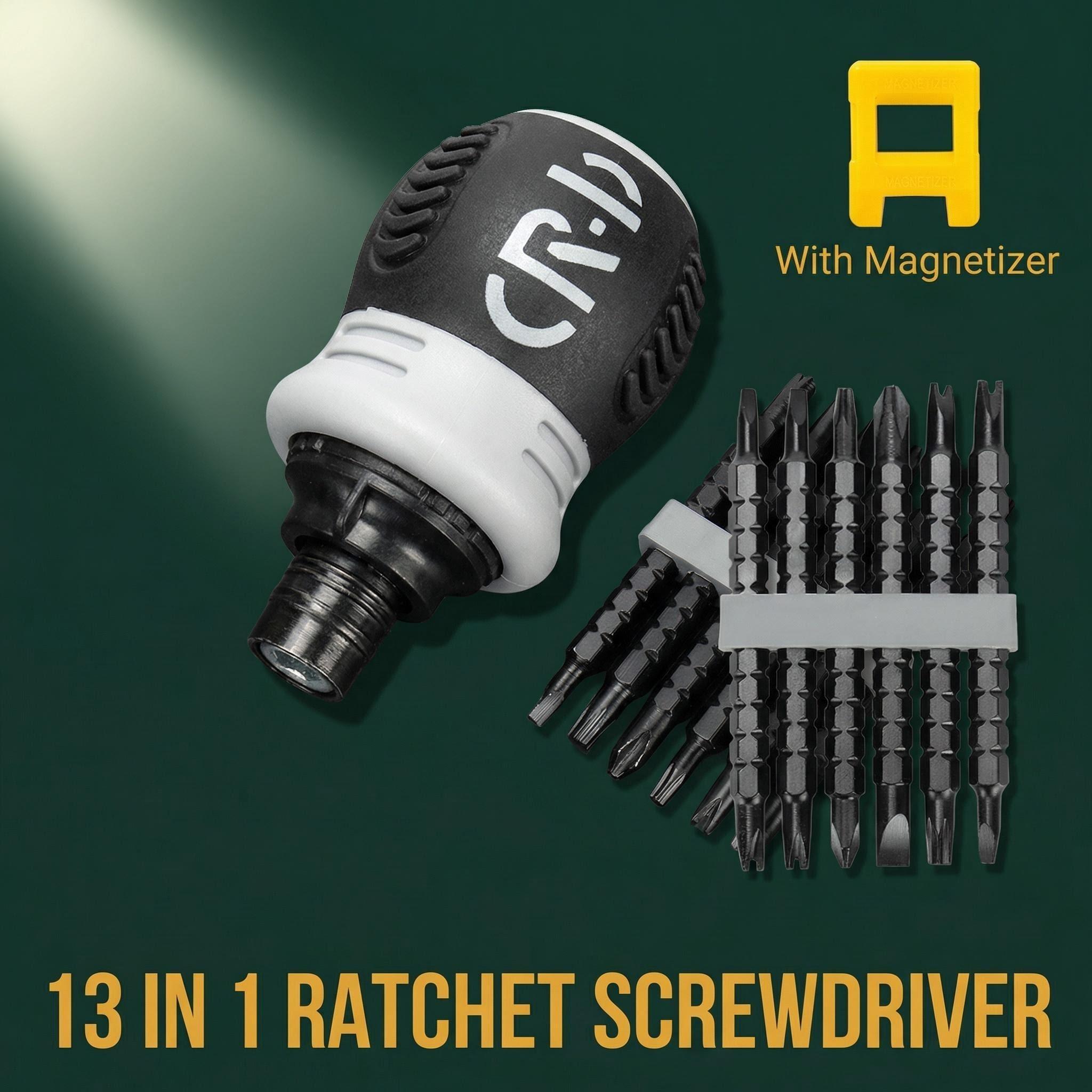 Ratchet Screwdriver 13-Piece Set+Magnetizer,CR-V Bits,Fast ReverseShort ratchet screwdriver CR-V hardened hard dual-purpose screwdriver head Telescopic dual-purpose screwdriver cross Slotted screwdriver head Screwdriver powerful magnetic multi-function