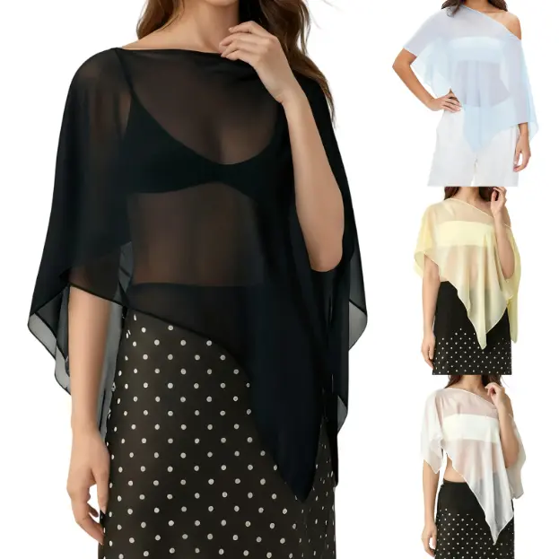 Women's Sheer Chiffon Shawl, Asymmetrical Loose-Fit Poncho, Lightweight Open-Front Capelet Coverup Tops Casual See Through Shrug