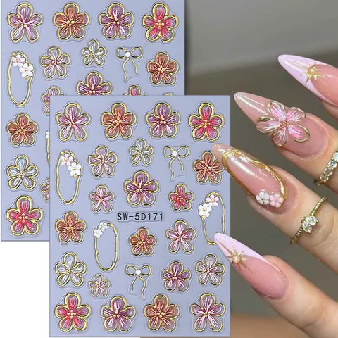 2pcs Floral Nail Art Stickers with Decor, Nail Art Sheet, Nail Adhesive Stickers, Nail Decals, 3D Gold Leaf Design, Elegant Hand Beauty, Spring Summer Style, Luxury Copper Edge, Flower Nails