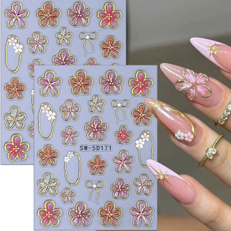 2pcs Floral Nail Art Stickers with Decor, Nail Art Sheet, Nail Adhesive Stickers, Nail Decals, 3D Gold Leaf Design, Elegant Hand Beauty, Spring Summer Style, Luxury Copper Edge, Flower Nails