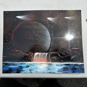 Galactic Graffiti Spray Paint Wall Art - Planet with rocks waterfall, and water.