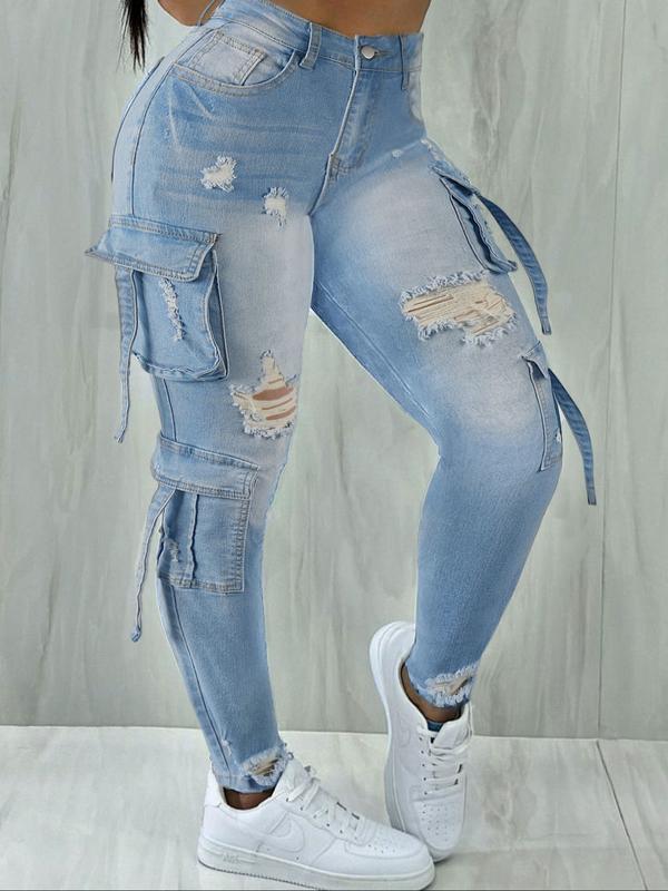 Y2K women's street style multi-pocket cropped work Stretchy Jeans with flap pockets for autumn and winter, perfect for Christmas fashion