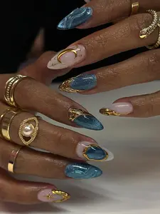 Celestial Blue Press On Nails | Teal Shimmer Almond Nails with Gold Moon & Star Details | Luxury Handmade Nails