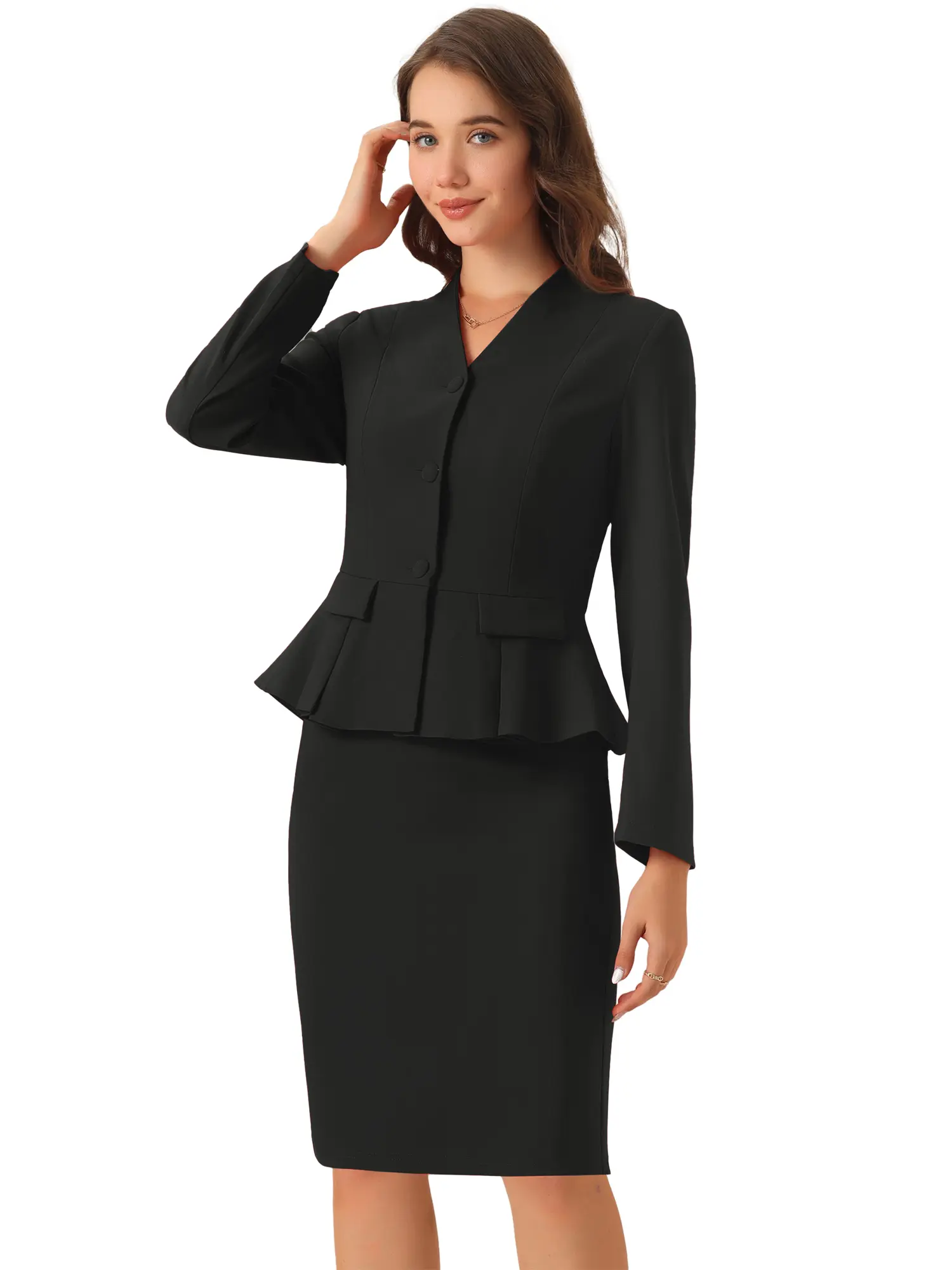 INSPIRE CHIC Business 2 Piece Suit Set, Long Sleeve Collarless Peplum Blazer and Pencil Skirt