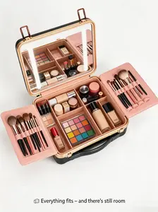 Smart Lighted Cosmetic Box, Touch Dimming Warm/Neutral/Cool Light, USB Powered, Partition Storage for Brushes & Cosmetics, Travel Friendly,  LED makeup case Ideal Gift for Mother and Girlfriend lighted makeup bag with mirror & 3-Color Dimmable Light