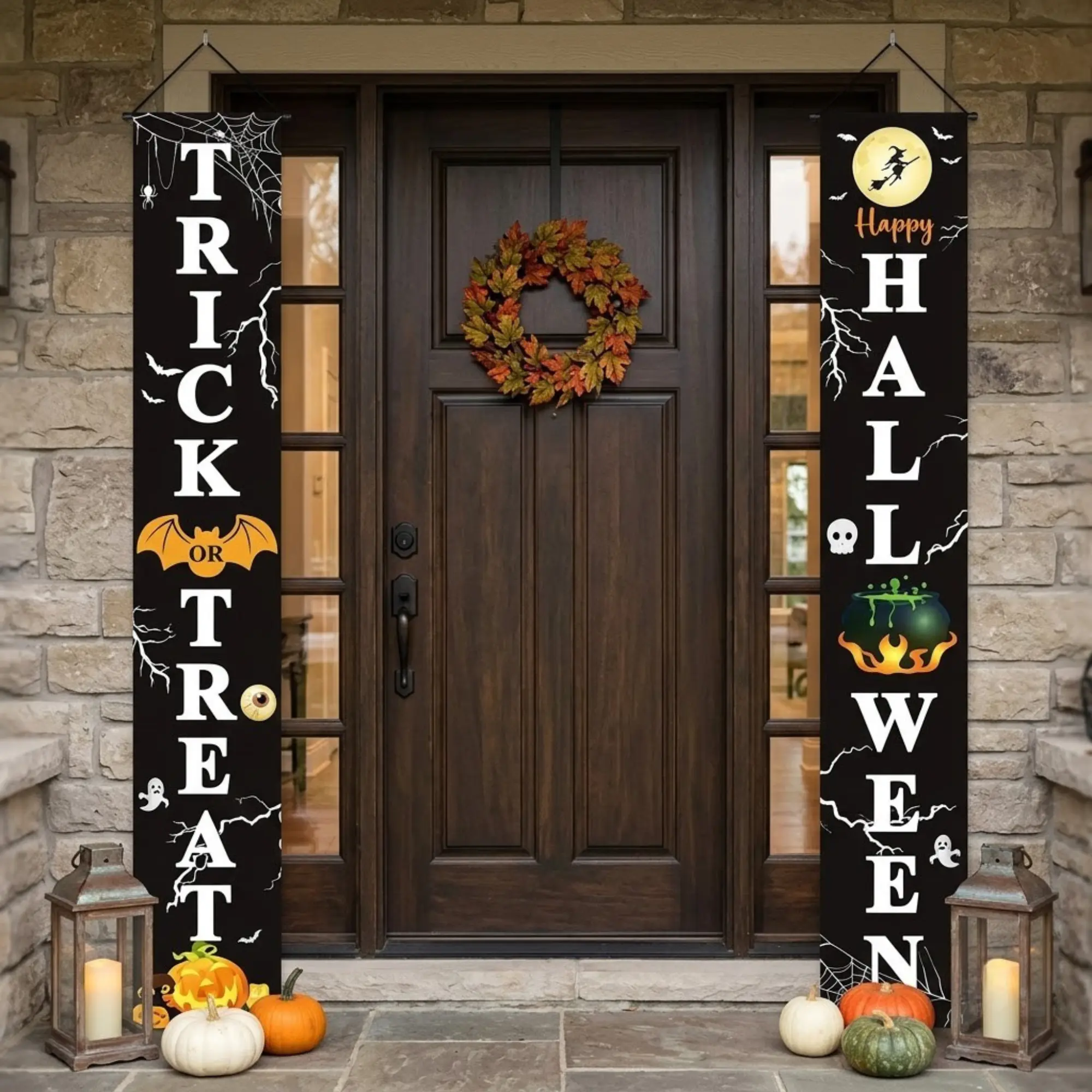 Halloween Door Curtain Banner Set | Trick or Treat Porch Decoration | Spooky Pumpkin Ghost Door Hanging | Halloween Front Door Decor