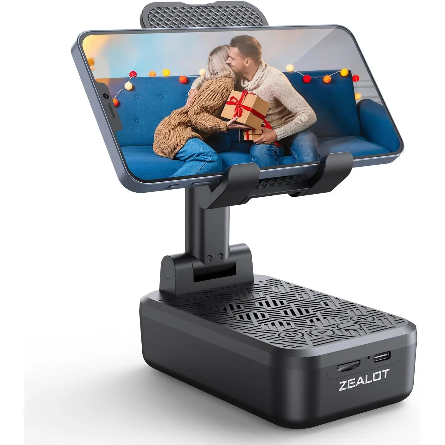Aesthetic Black Mobile Cellphone Holder Mount Stand - Wireless Inductive Charging Speaker Amplifier Dock, Compact Space-Saving Accessory, Music Playback, Landscape Viewing, Non-Slip, Compatible with iPhone & iPad, Ideal Birthday Gift for Tech Lovers