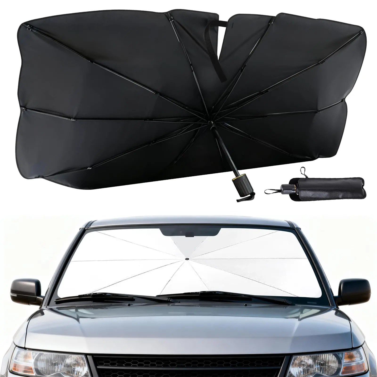 Foldable Car Front Windshield Sunshade - Multi-Layer Vinyl Titanium Silver Coating, Heat-Reflects Heat Shield, UV Protection for Interiors, 55" L x 31.5" W Large Size, Easy Setup, Compatible with Multiple Vehicle Models