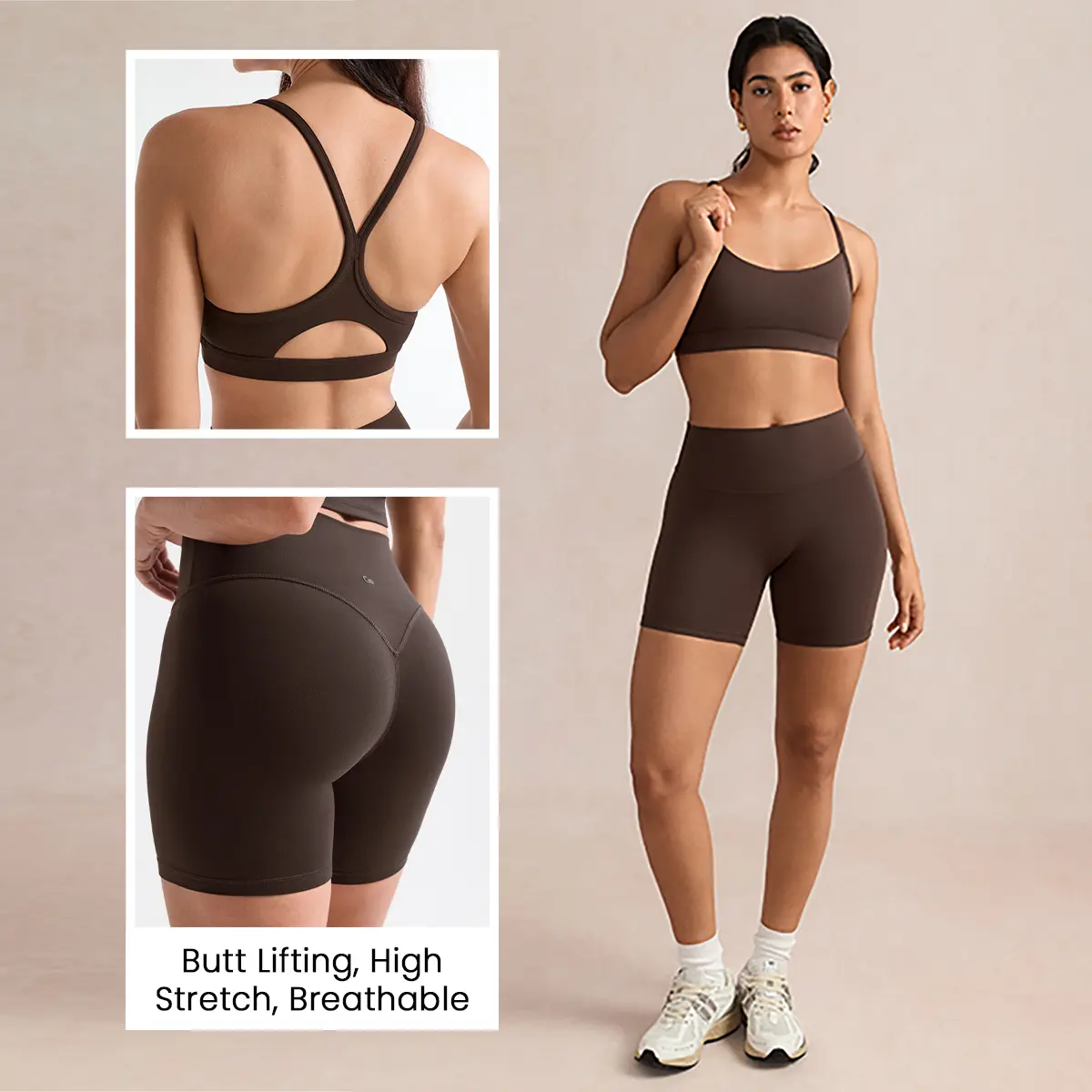 SOLBRACE Women's High Waist 5" No Front Seam Hidden Scrunch Butt Lifting Shorts & Scoop Neck Y-Back Sports Bra Set, High Stretch Breathable Lightweight Fabric, Yoga Gym Workout Activewear Set