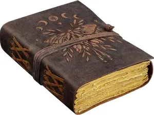 Leather Journal - Antique Handmade Deckle Edge Vintage Paper Leather Bound Journal - Book of Shadows Luna Moth Morpho Butterfly Embossed Journal Leather Sketchbook - Drawing Journal - Great Gift