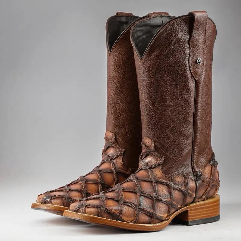 Cognac Jumbo Pirarucu Print Leather Boots - Square Toe
