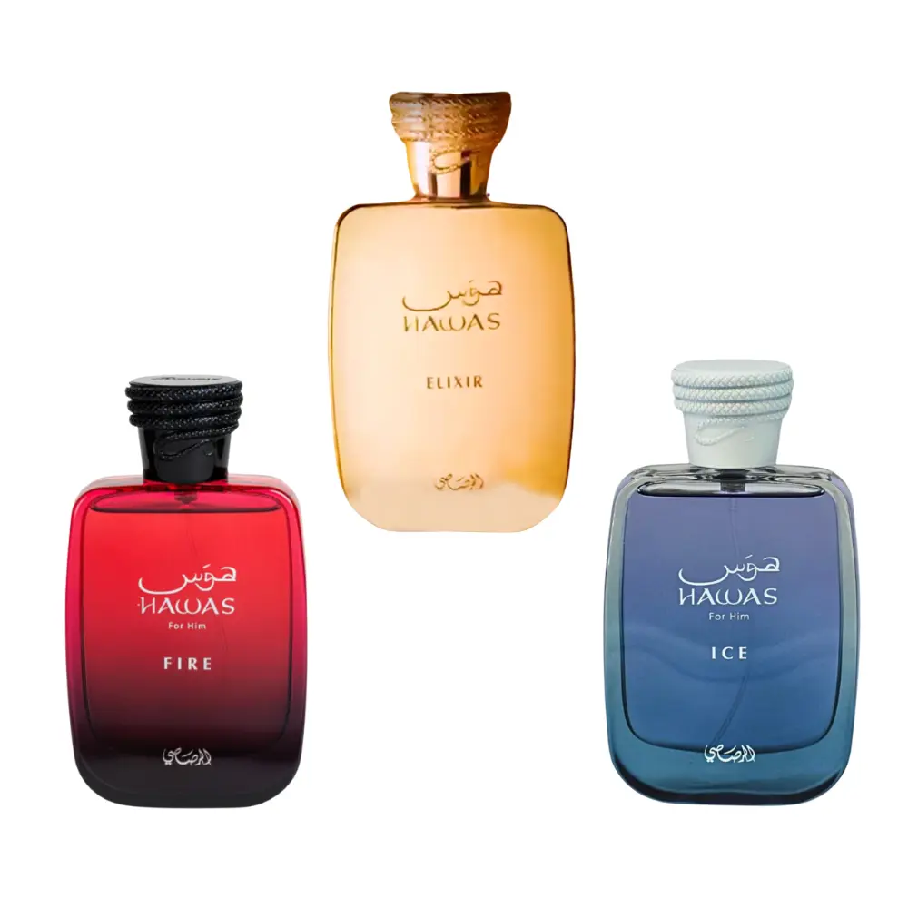 Rasasi Hawas Elixir, Hawas Fire & Hawas Ice – The Ultimate 3-Piece Fragrance Set for Men 3 x 3.4 Oz Arabian Perfume Oil Aromatic Amberwood