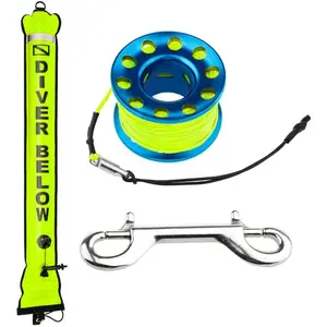 4ft Yellow Scuba Diving SMB, Open Bottom Surface Marker Buoy with Safety Sausage with 49ft Alloy Dive Reel and Double-Ended Bolt Clip for Underwater Sports Blue