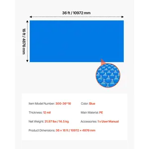 VEVOR Solar Pool Cover, 36x 16 ft Rectangle Pool Bubble Cover, 12 Mil Pools Solar Blanket with Bubble PE Material, Daytime Heat Absorption, Nighttime Heat Retention, Heat Retaining Solars Covers, Blue