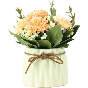 Artificial Hydrangea Bouquet with Small Ceramic Vase Fake Silk Variety Flower Balls Flowers Decoration for Table Home Party Office Wedding