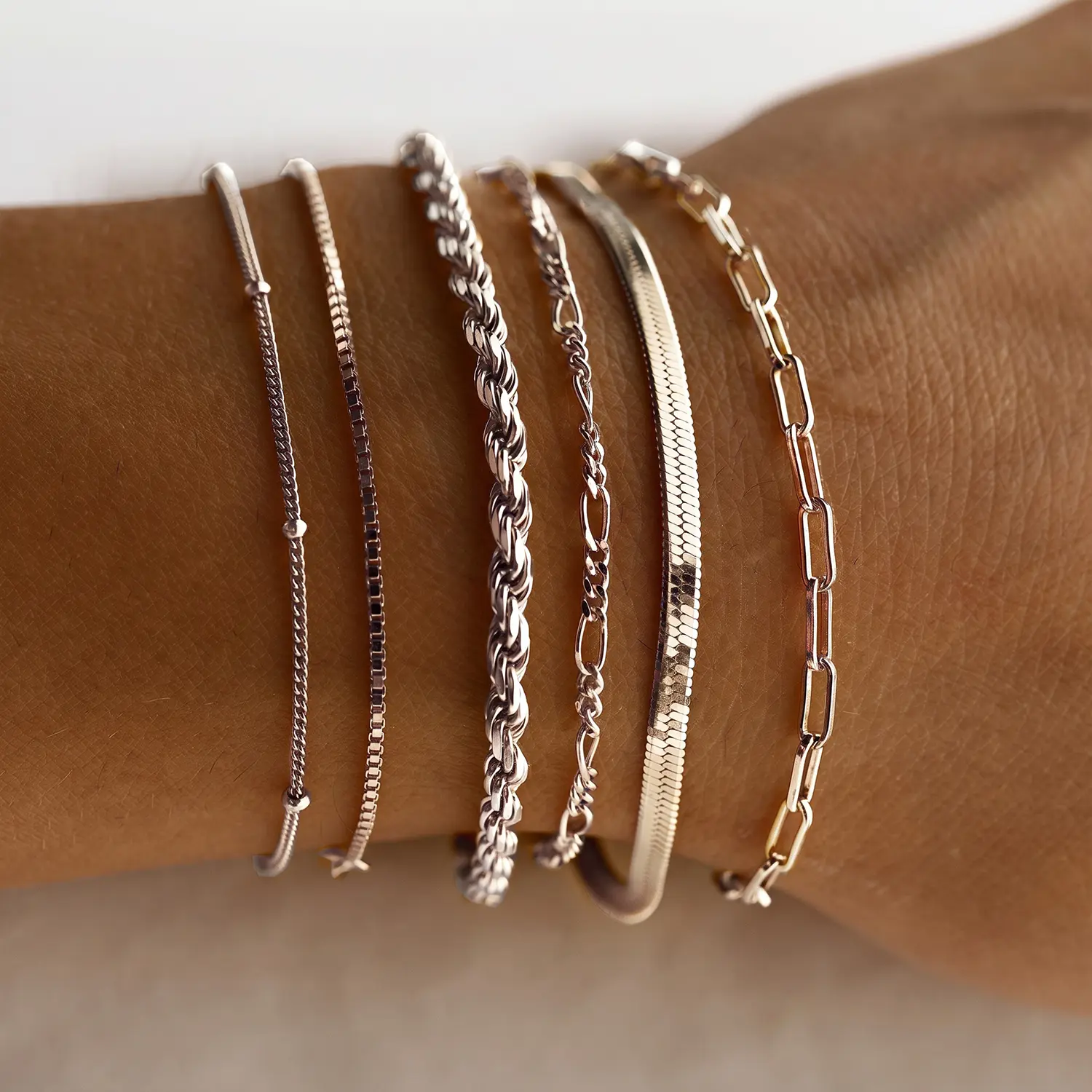 6 PCS Silver Plated Bracelet Set for Women, Waterproof Non Tarnish Stackable Link Chain Bracelets, Dainty Layering Jewelry Gift for Everyday Wear