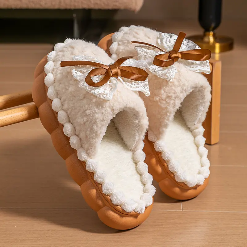 Women's winter indoor home thick-soled warm-padded decorative bow plush cotton slippers women ladies shoes comfort for fashion" daily stylish comfortable essential trendy modern versatile