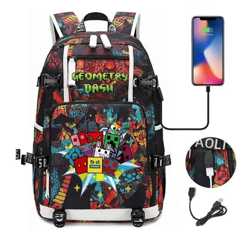 Men's Geometry Dash Game Character Print Oxford Backpack - External USB Charging Port, Geometric/Snake Skin Patterns, Adjustable Side Buckle Straps, Large Capacity Casual School Travel Laptop Daypack