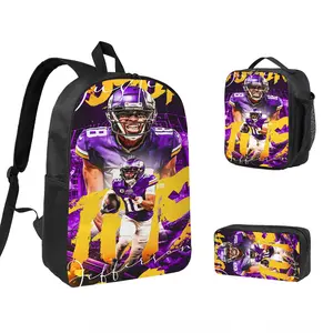Justin Jefferson 3 PCS Backpack Set, Durable School Bookbag with Insulated Lunch Bag & Pencil Case for Teens Boys Girls, Comfortable Travel Daypack Gift for Fans d-143