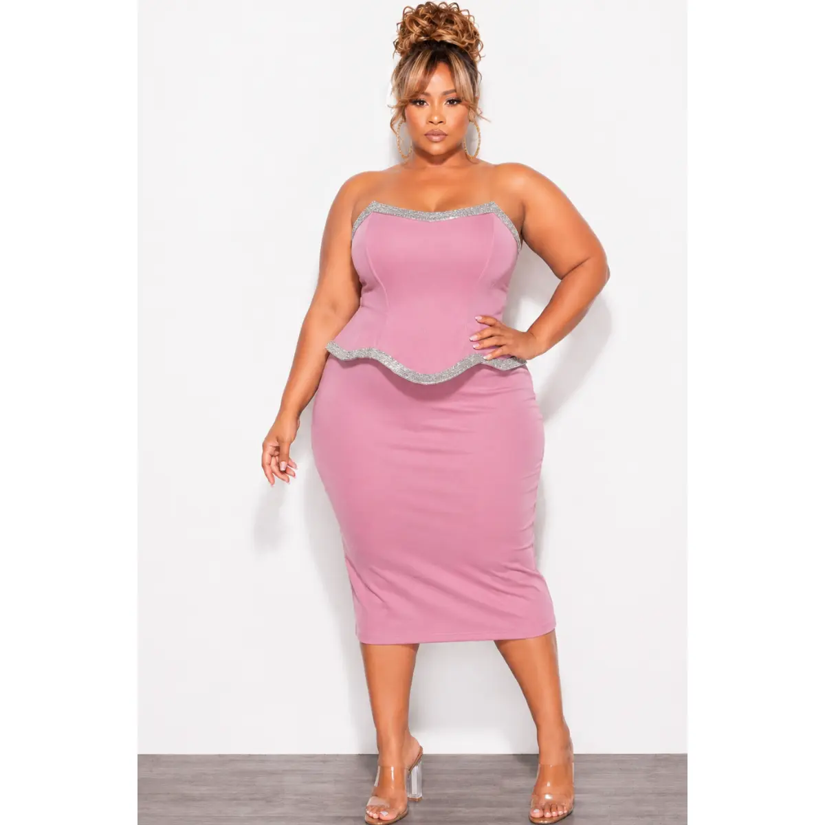 Final Sale Plus Size Lux Strapless Dress with Bling Trim in Rose Pink