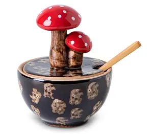 Mushroom Salt Cellar With Lid and Spoon Ceramic Salt Box Brown Salt Holder With Lid Salt Container Salt Bowl Salt Dish With Bamboo Spoon