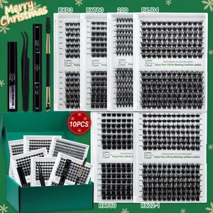LASHSUN CHRISTMAS GIFT 10PCS Kit , D Curl 8-16mm DIY Lash Clusters Kit Multi-Type Lash Volume Eyelash Clusters with Bond&Seal Lash Remover Lash Brush Tweezers DIY Eyelashes Kit