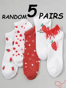 5 Pairs Random Strawberry Heart Series Girl Short Socks, Cute and Trendy Design, Perfect for Daily Wear, Comfortable and Stylish