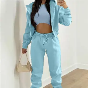 Women's three-piece suit, trousers, plus velvet, hooded sweatshirt, sports fashion and casual wear complete set Clothes Womenswear Comfort Gamis Men's Zipper Cardigan Jogging Color Block Solid Lounge Pajama with Lettuce Trim Slim Crop and Flare Tracksuit