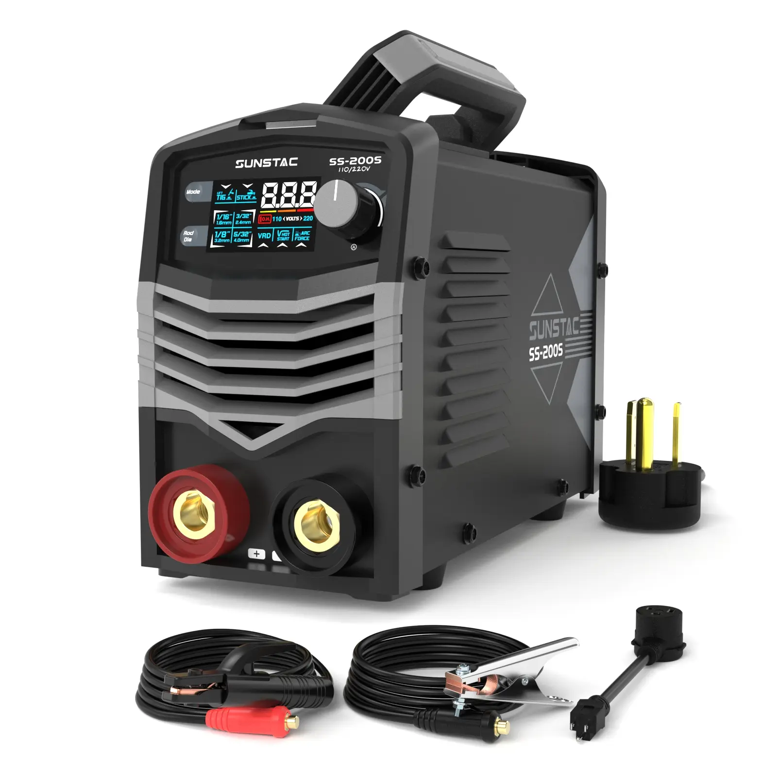Sunstac SS-200S MMA Stick Welder 200Amp | 110V/220V Dual Voltage, LCD Digital Display Welding Machine with Synergic Control | Hot Start, Arc Force, VRD & Anti-Stick