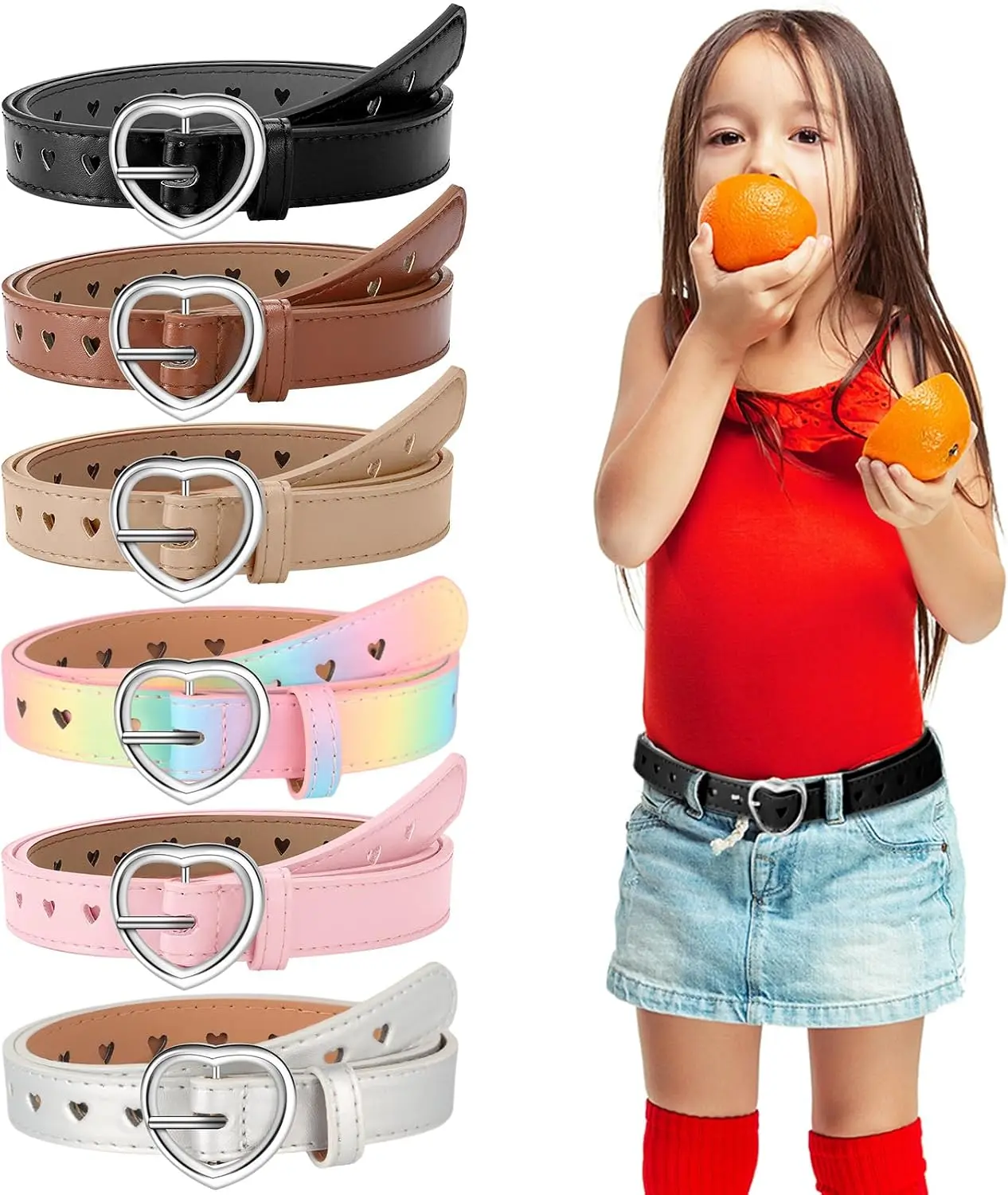 6 Pcs Girls Belt Size 6-12 Kids PU Leather Waist Belt Hollow Heart Design Metal Buckle for Girl Toddler Dress Pants Jeans
