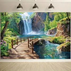 1pc Polyester 2D Flat Backdrop Banner - Summervibes Serene Waterfall and Quiet Bridge Natural Scenery, Vibrant, Ideal for Living Room Decor, Birthday Parties, Home & Festive Supplies