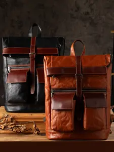 Handmade New Genuine Leather Men's Backpack, Korean & Japanese Trendy Book Bag, First Layer Cowhide Shoulder Bag, Vintage Color Travel Bag