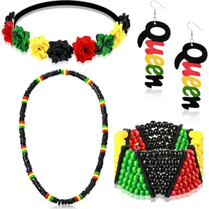 Jexine 4 Pieces Multicolor Beaded Jamaican Bracelet Wood Dangle Pierced Earrings Floral Flower Crown Stretch Headband Rasta Beads Necklace Jexine