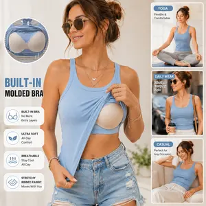 EssElegance Ribbed Built-in Bra Tank Top Women Racerback Cropped Camisole Removable Pads Wire-Free Workout Yoga Shirt Stretchy Bodyshaper Sleeveless Athletic Cami Summer Everyday Wear Womenswear Breathable Chic Cocktails