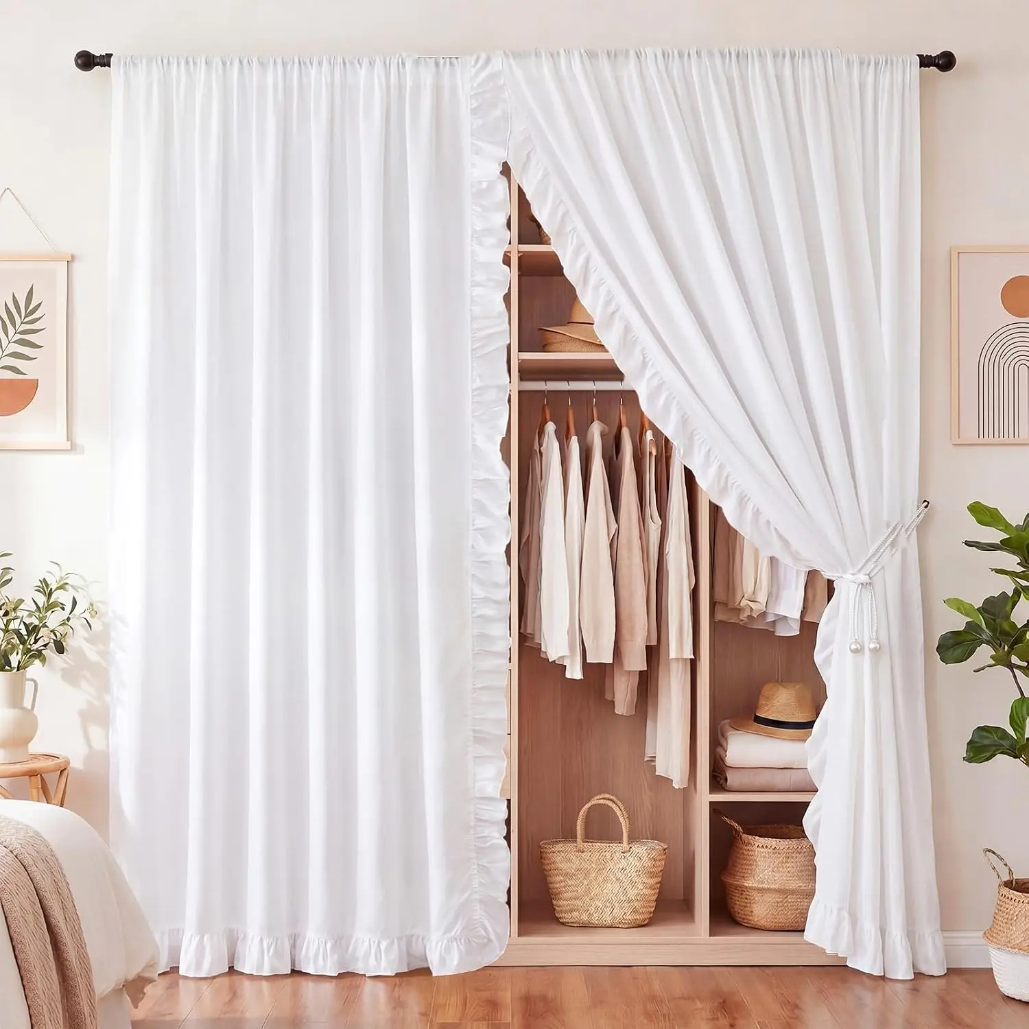 2 Pcs Dorm Closet Curtains White Ruffles 78 x 80 Inch| Vintage Ruffled Dorm Closet Curtains with Tiebacks, Boho Privacy Divider Drapes for Bunk Beds Closets, 2 White Panels Set