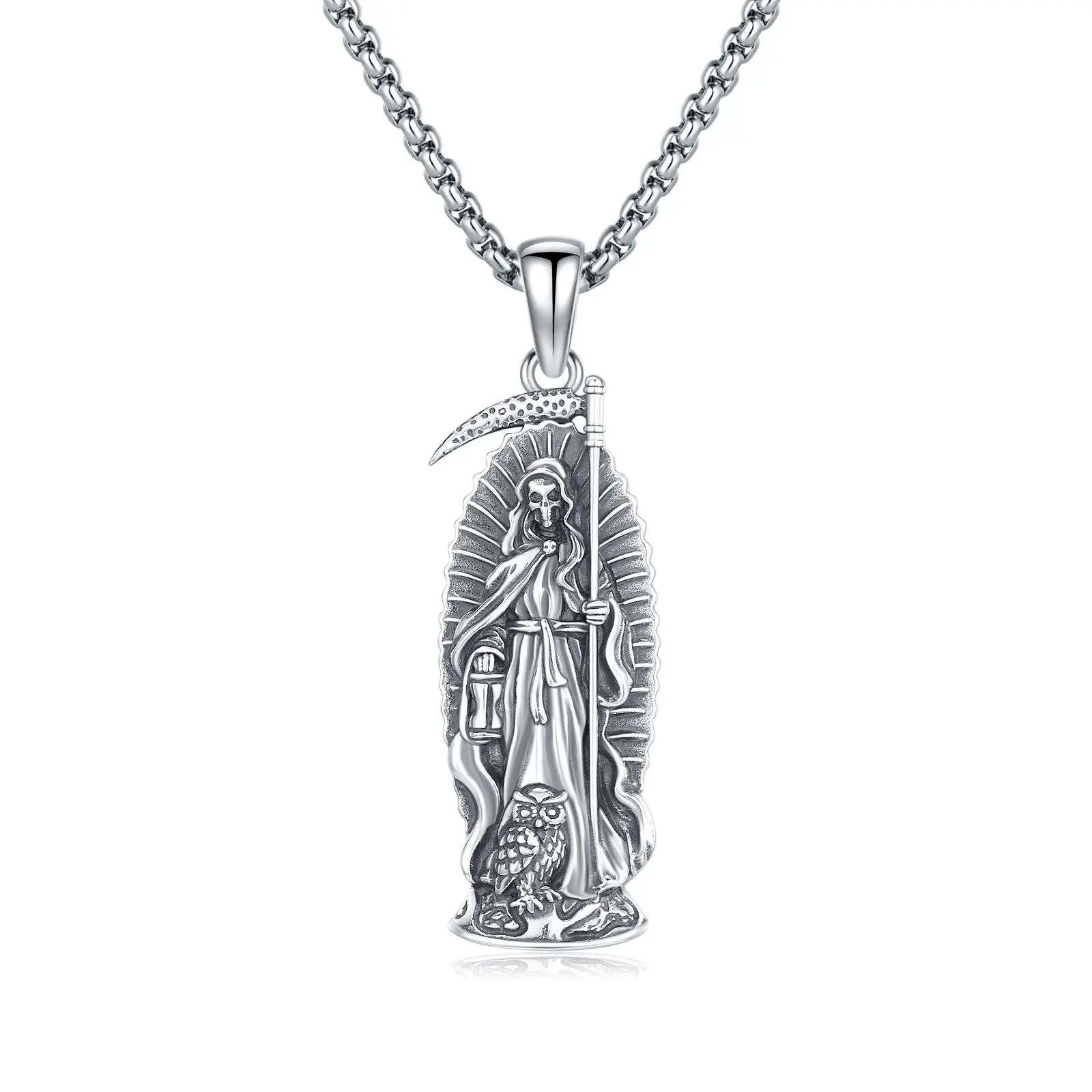 Brighthive Owl Scythe La Santa Muerte La Santa Muerte necklace 925 sterling silver Grim Reaper pendant, Santa Muerte folk amulet, skull Day of the Dead jewelry gift