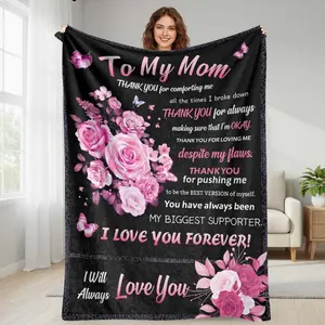To My Mom Flannel Blanket  Pink Rose and Butterfly Love Letter Print  Soft Cozy Warm Durable Throw for Sofa Bedroom Living Room Mother’s Day Gift Anniversary Present Home Decor