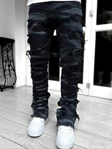 men's ripped stacked jeans, casual comfy slim-fitting denim pants for daily wear, streetwear fashion men's bottoms for all seasons, jeans for men, cotton, ripped stretch jeans, menswear