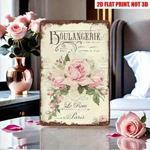 Vintage Aluminum Wall Art Sign with Antique Rose Flower Design, French Victorian Style Flat 2D Plaque for Home Decor, 8x12 Inch Retro Kitchen Decor