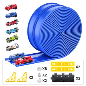 16.5 Ft Race Track with 1/64 Frictional Force Toy Car for Indoor Play Ideal for Toy Car Lovers Includes 4 Friction Cars 4 Stunt Cars 2 Black Bases 4 Brackets 4 Fixed Strips