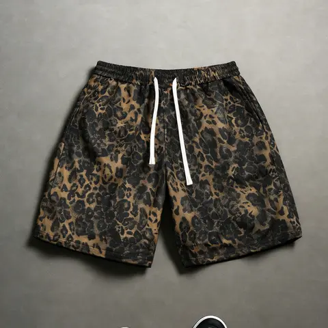 Men's One-Piece Shorts, Beach Vacation Shorts, Lightweight Mesh Fabric, Camo Leopard Print, Camouflage Shorts, Casual Loose-Fitting, All Seasons, Athletic Wear Shorts, Breathable Summer Shorts